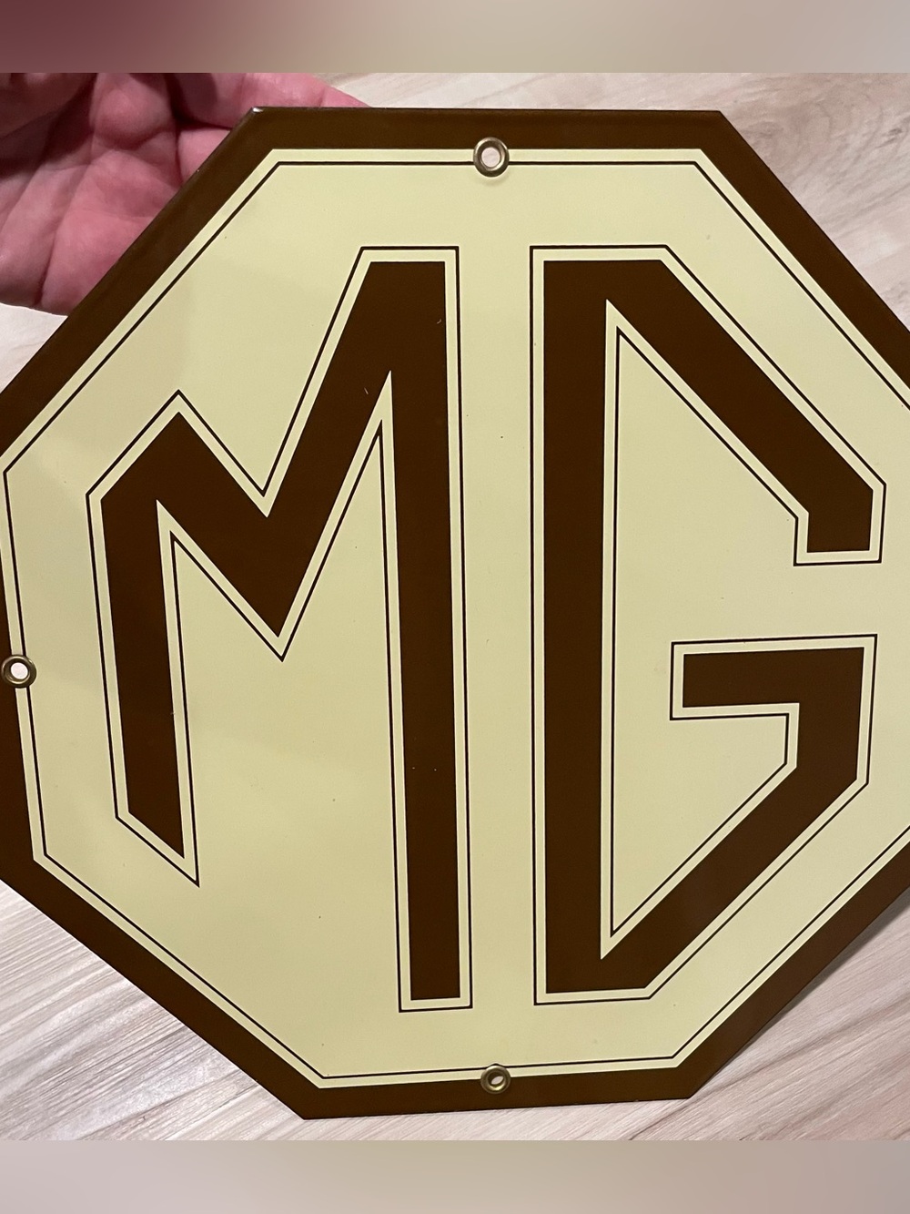 Vintage MG (Morris Garage) Octagon Logo Metal Sign Plaque, Cream & Brown, 12x12